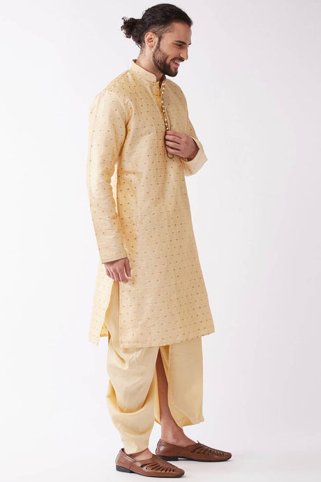 Buy Men's Blended Silk Woven Kurta Set in Beige - Front