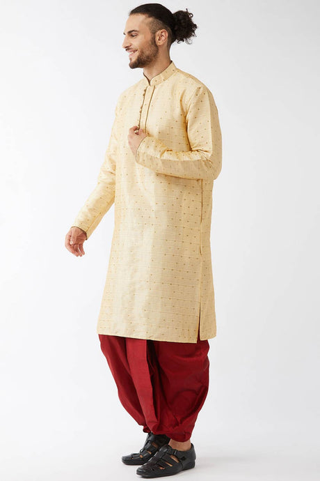 Buy Men's Blended Silk Woven Kurta Set in Beige - Front