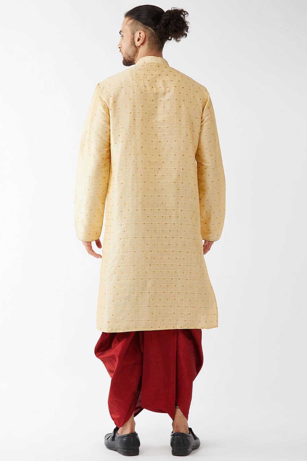 Buy Men's Blended Silk Woven Kurta Set in Beige - Back