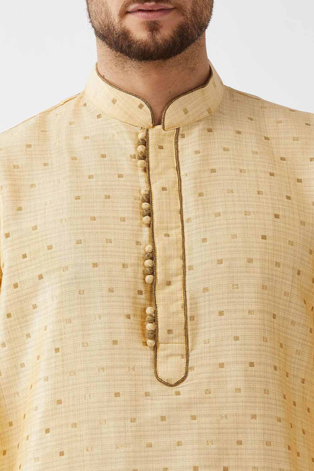 Buy Men's Blended Silk Woven Kurta Set in Beige - Side