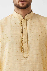 Buy Men's Blended Silk Woven Kurta Set in Beige - Side