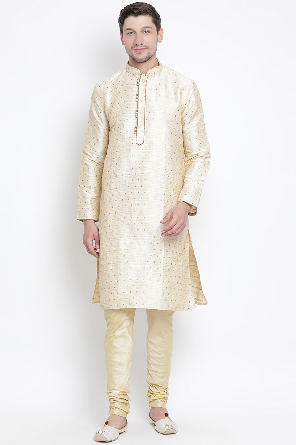 Men's Cotton Art Silk Kurta Set In Gold