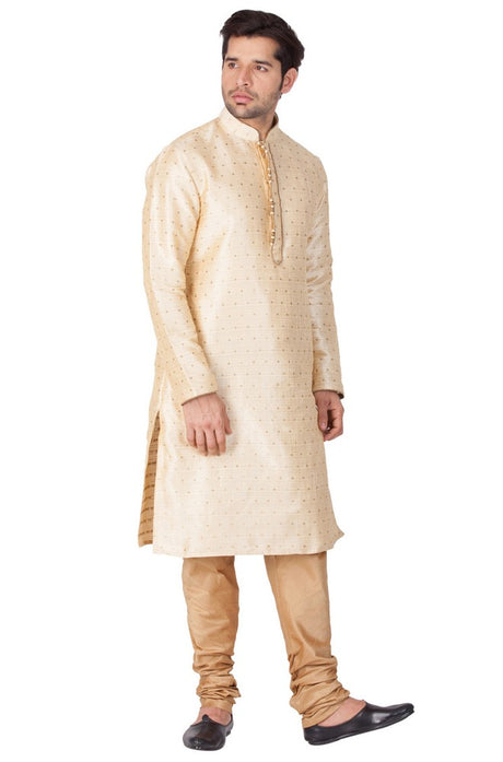 Men's Cotton Art Silk Woven Kurta and Pyjama Set in Gold