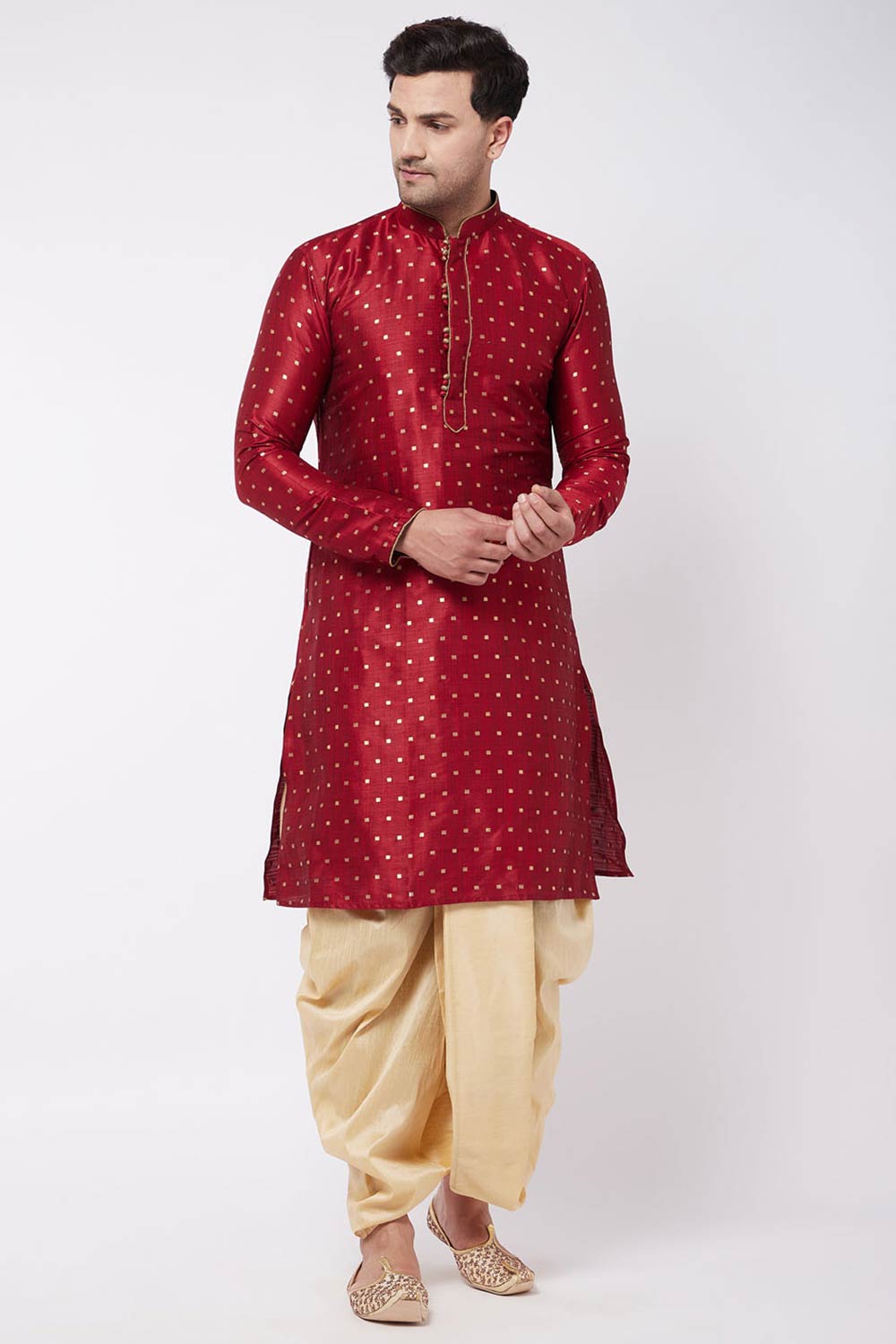 Buy Men's Blended Silk Woven Kurta Set in Maroon