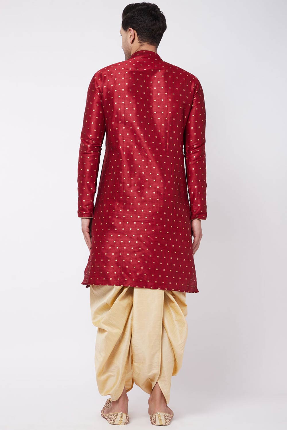 Buy Men's Blended Silk Woven Kurta Set in Maroon - Back
