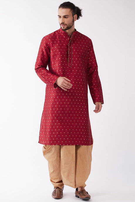 Buy Men's Blended Silk Woven Kurta Set in Maroon