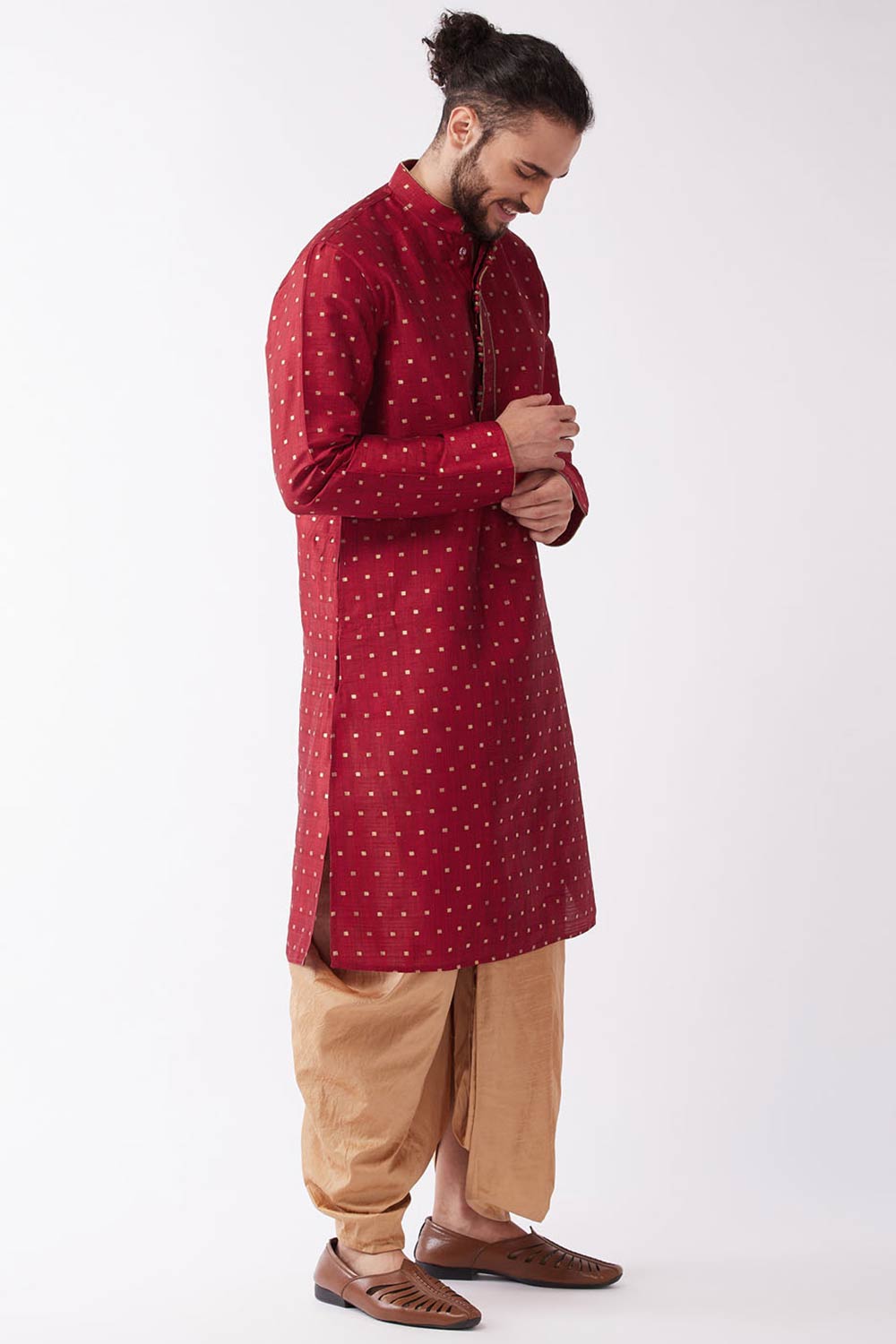 Buy Men's Blended Silk Woven Kurta Set in Maroon - Front