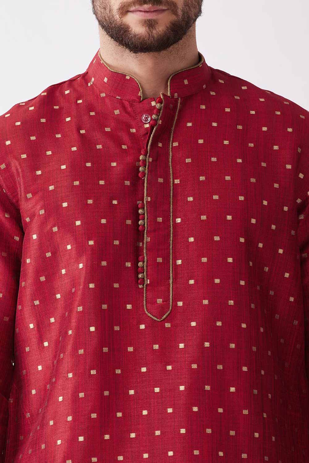 Buy Men's Blended Silk Woven Kurta Set in Maroon - Side