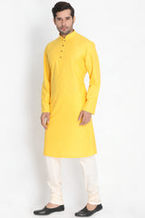 Men's Blended Cotton Kurta Set In Yellow