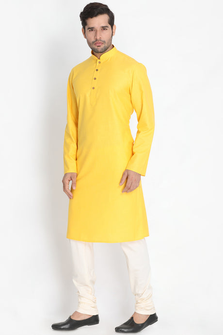 Men's Blended Cotton Kurta Set in Yellow
