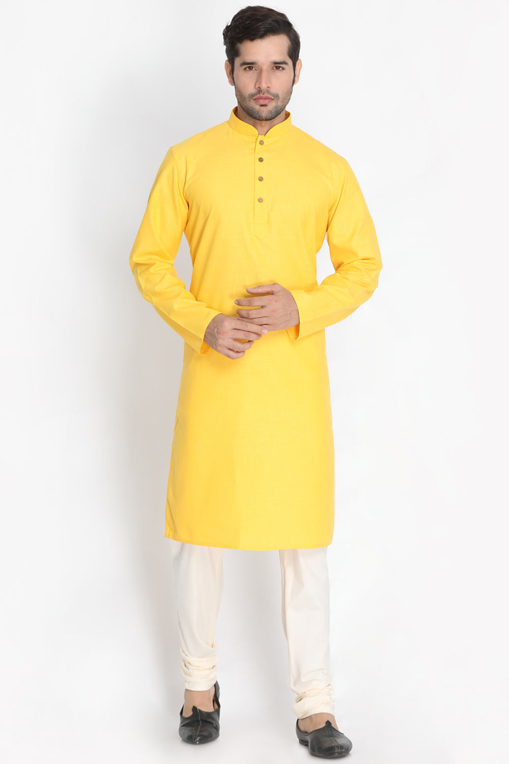 Men's Blended Cotton Kurta Set In Yellow