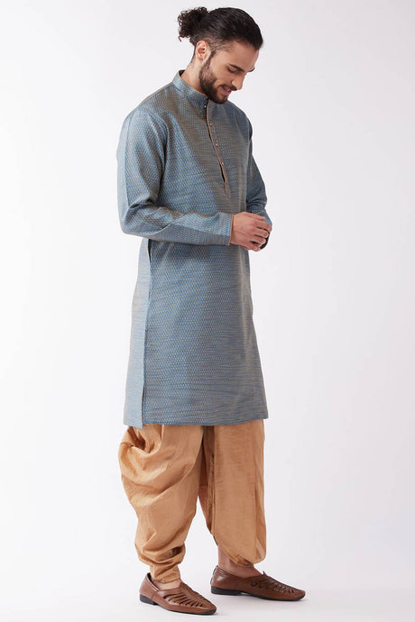 Buy Men's Blended Silk Woven Kurta Set in Aqua Blue - Front