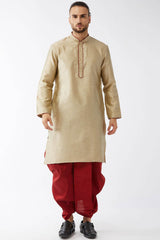 Buy Men's Blended Silk Woven Kurta Set in Beige