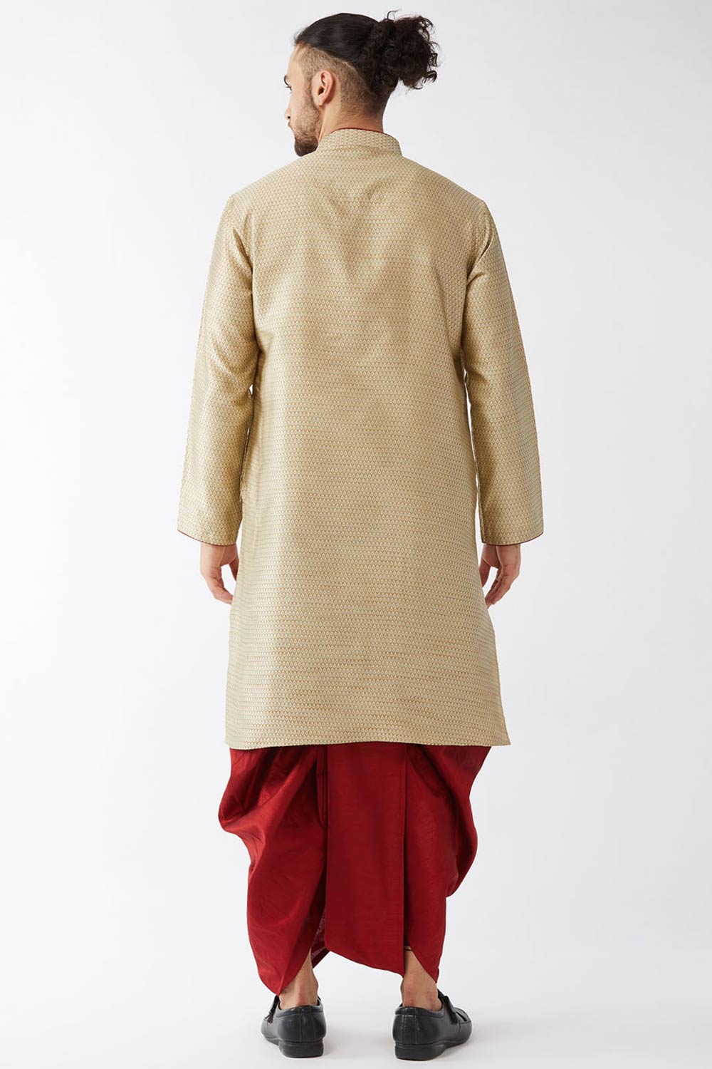 Buy Men's Blended Silk Woven Kurta Set in Beige - Back