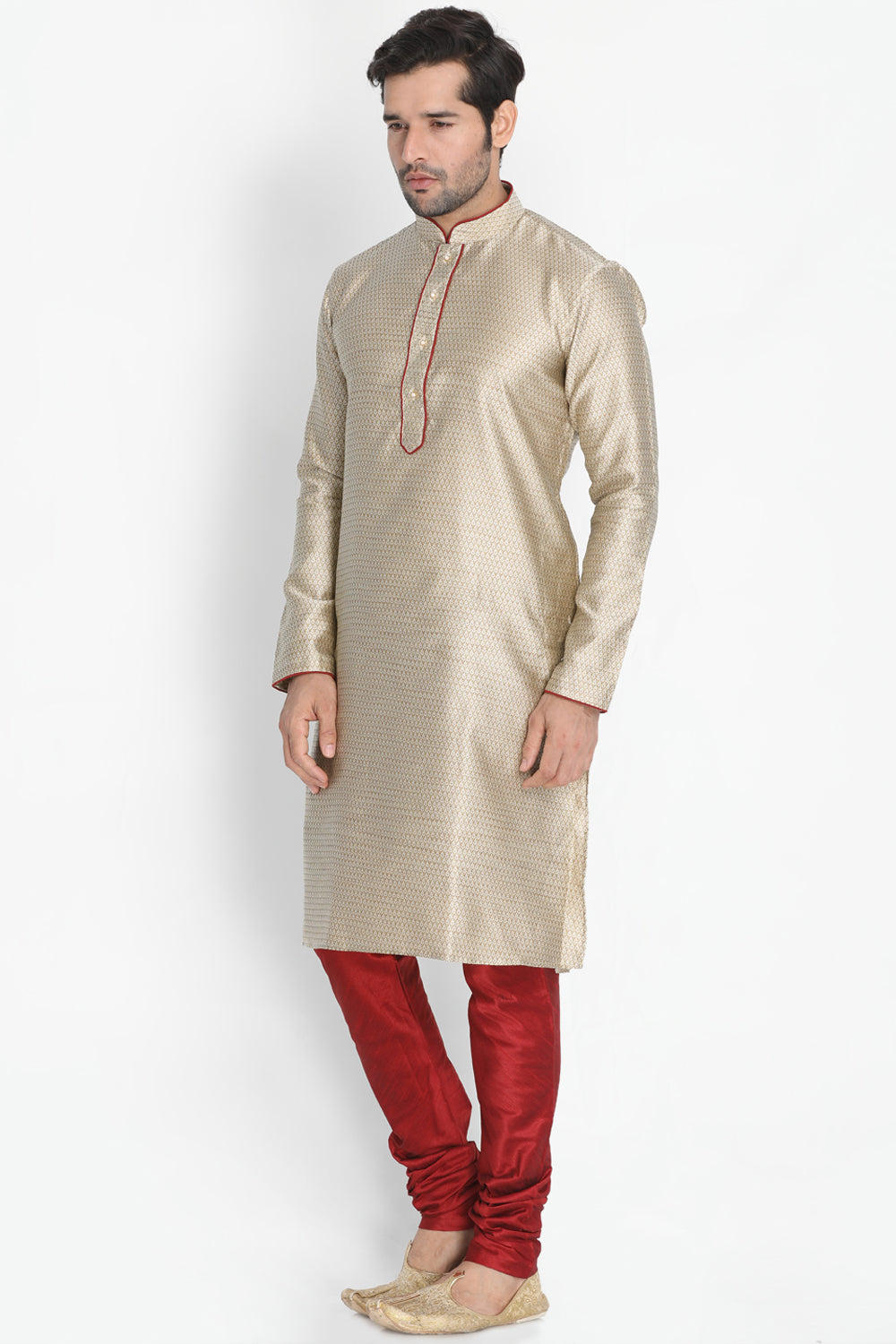 Men's Cotton Art Silk Kurta Set In Beige