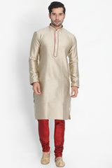 Men's Cotton Art Silk Kurta Set In Beige