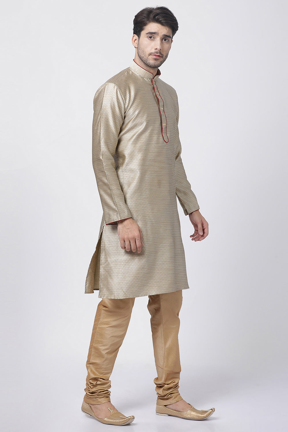 Men's Cotton Art Silk Kurta Set In Beige