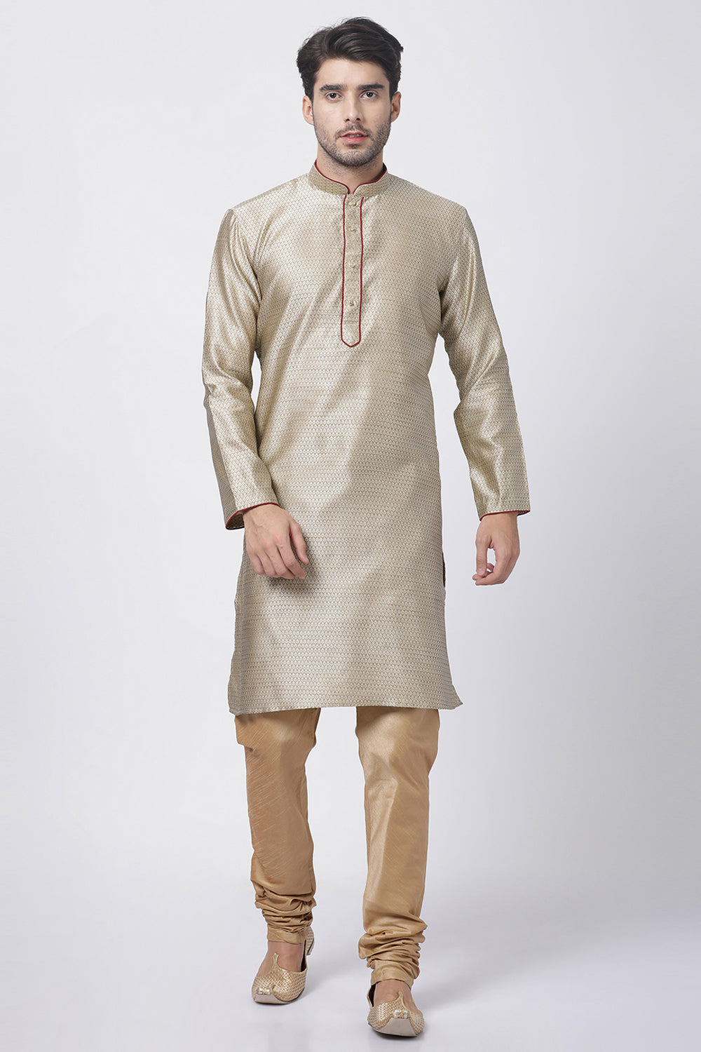 Men's Cotton Art Silk Kurta Set In Beige