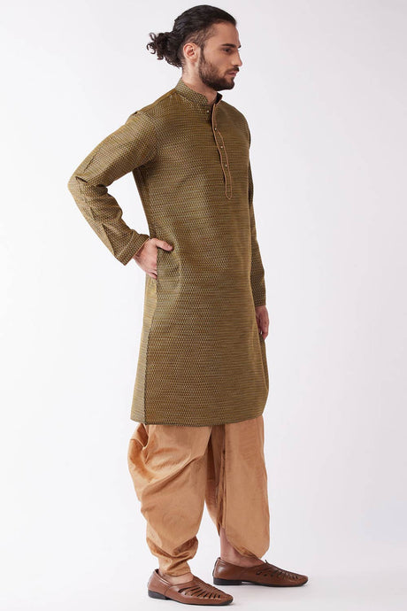 Buy Men's Blended Silk Woven Kurta Set in Black - Front