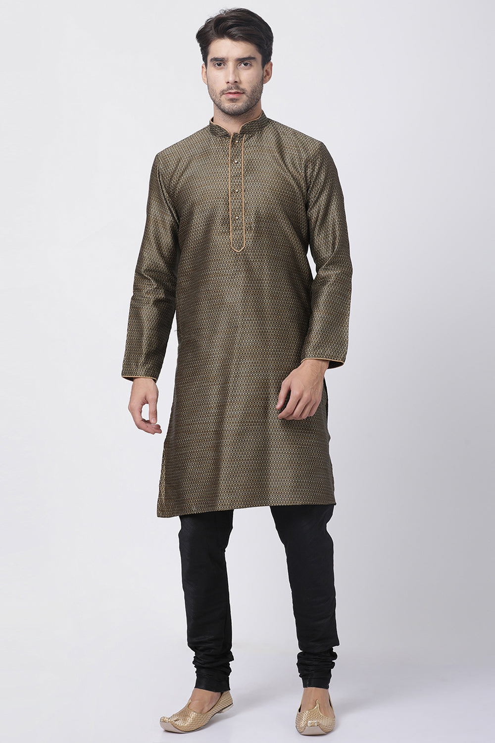 Men's Cotton Art Silk Kurta Set In Black