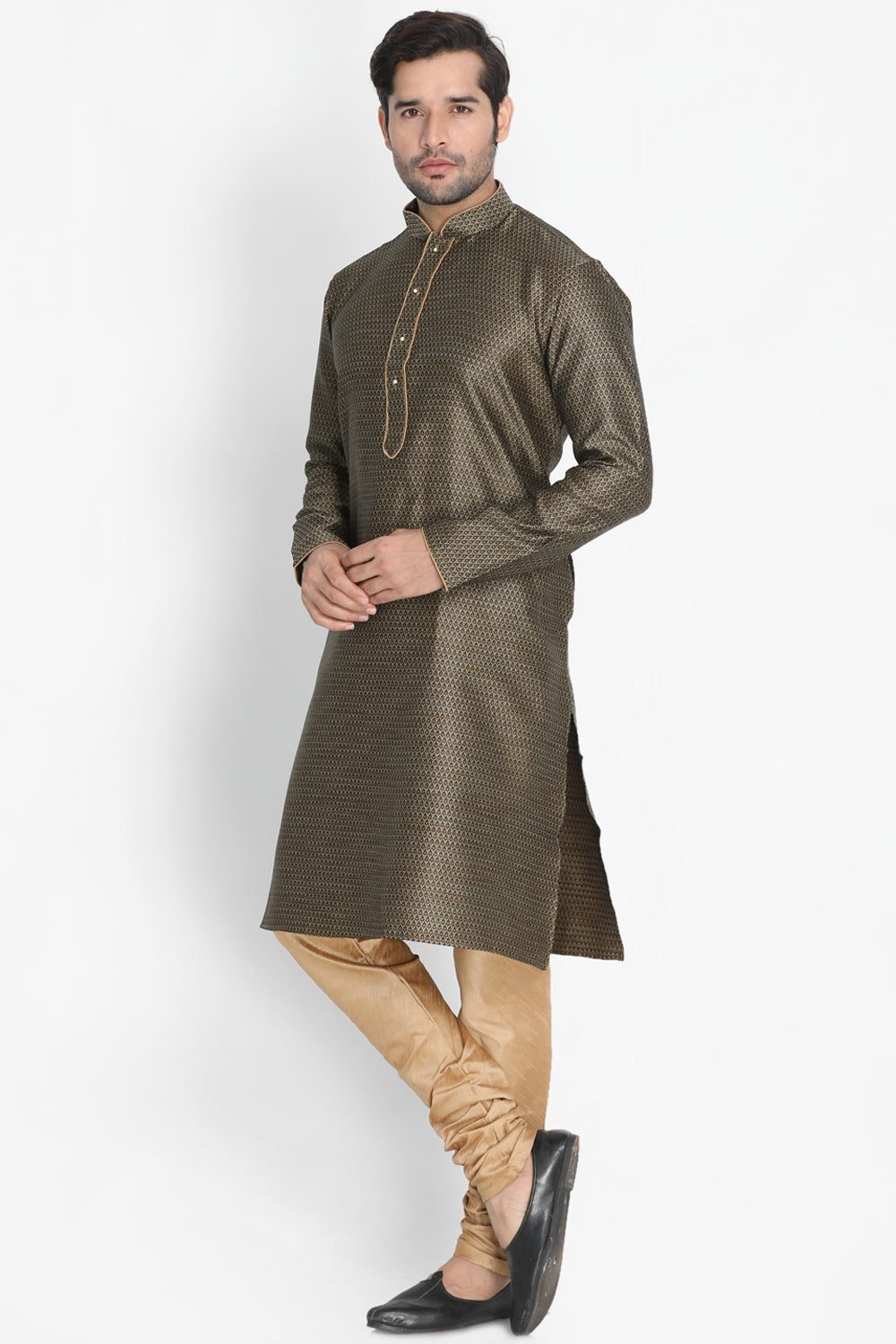 Men's Cotton Art Silk Kurta Set In Black