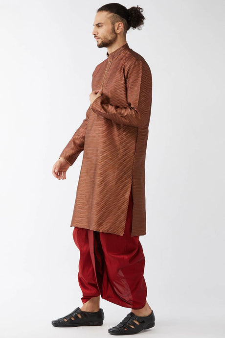 Buy Men's Blended Silk Woven Kurta Set in Maroon - Front