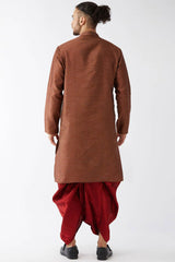 Buy Men's Blended Silk Woven Kurta Set in Maroon - Back