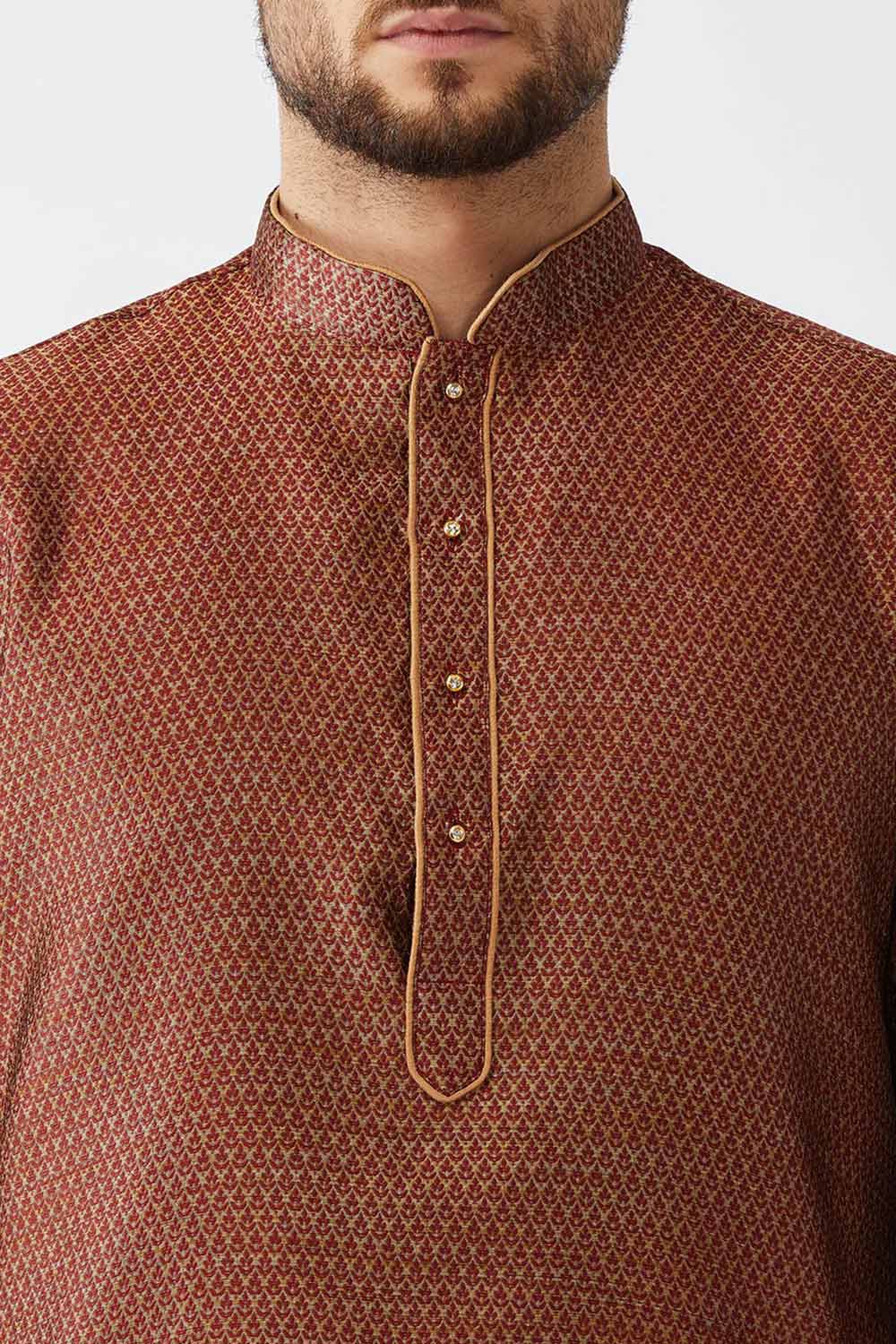 Buy Men's Blended Silk Woven Kurta Set in Maroon - Side