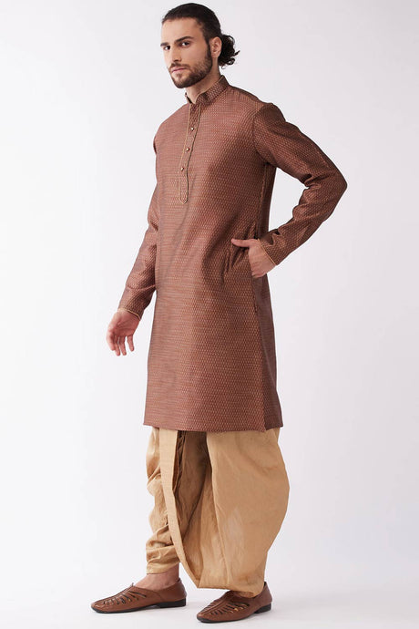 Buy Men's Blended Silk Woven Kurta Set in Maroon - Front