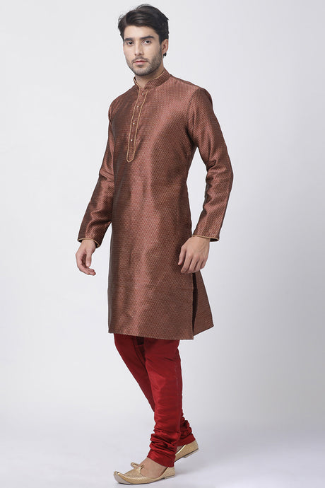 Men's Cotton Art Silk Kurta Set in Maroon