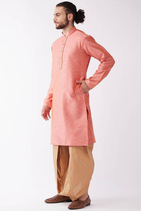 Buy Men's Blended Silk Woven Kurta Set in Pink - Front