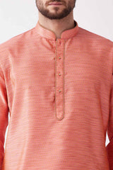 Buy Men's Blended Silk Woven Kurta Set in Pink - Side