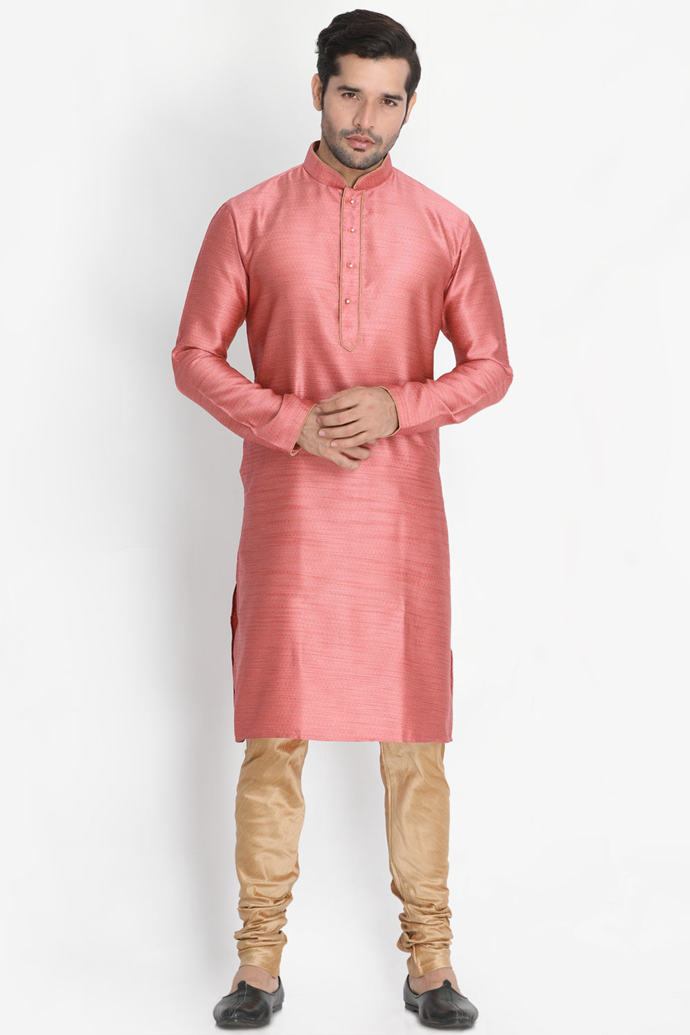 Men's Cotton Art Silk Kurta Set In Pink