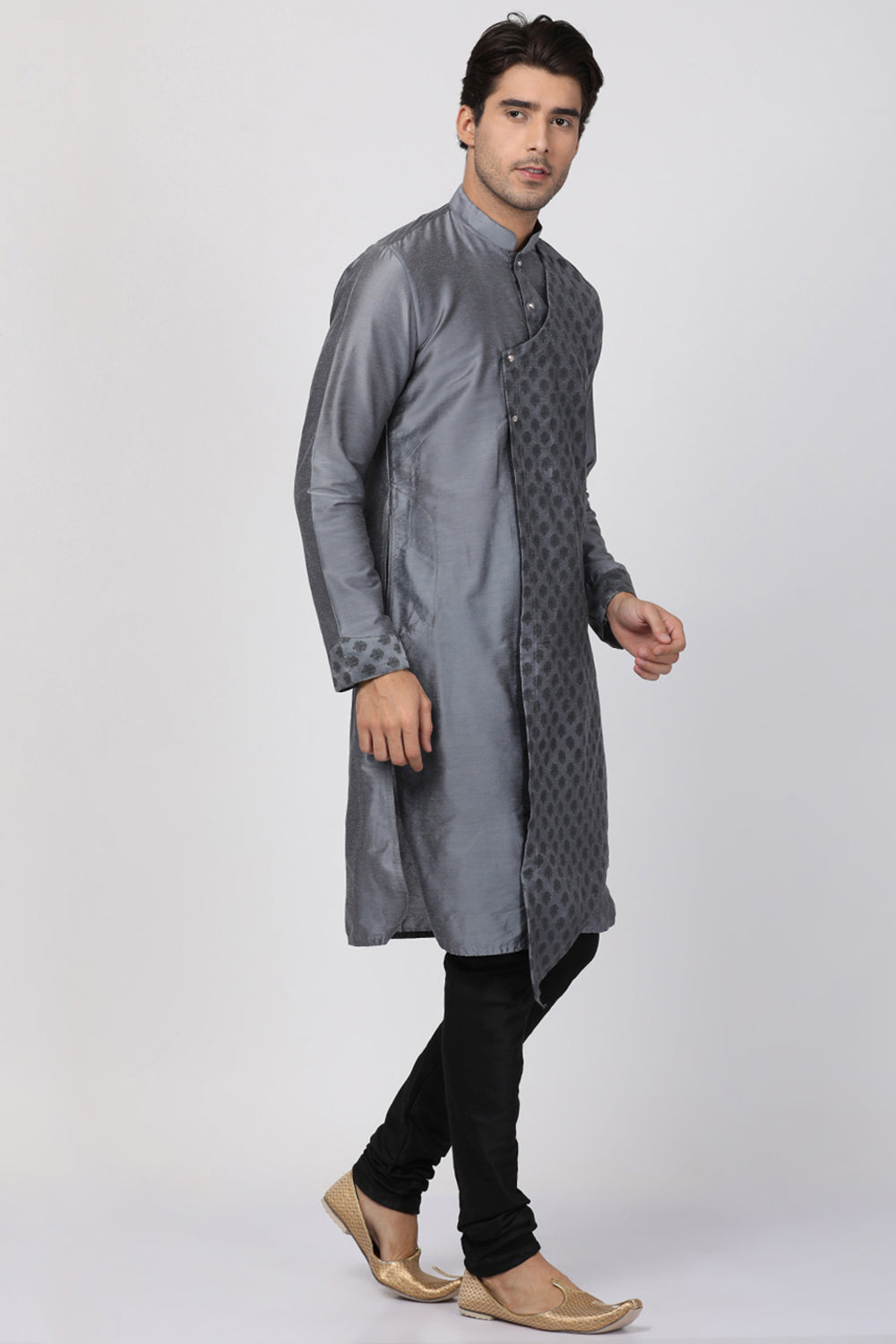 Men's Cotton Art Silk Kurta Set In Grey