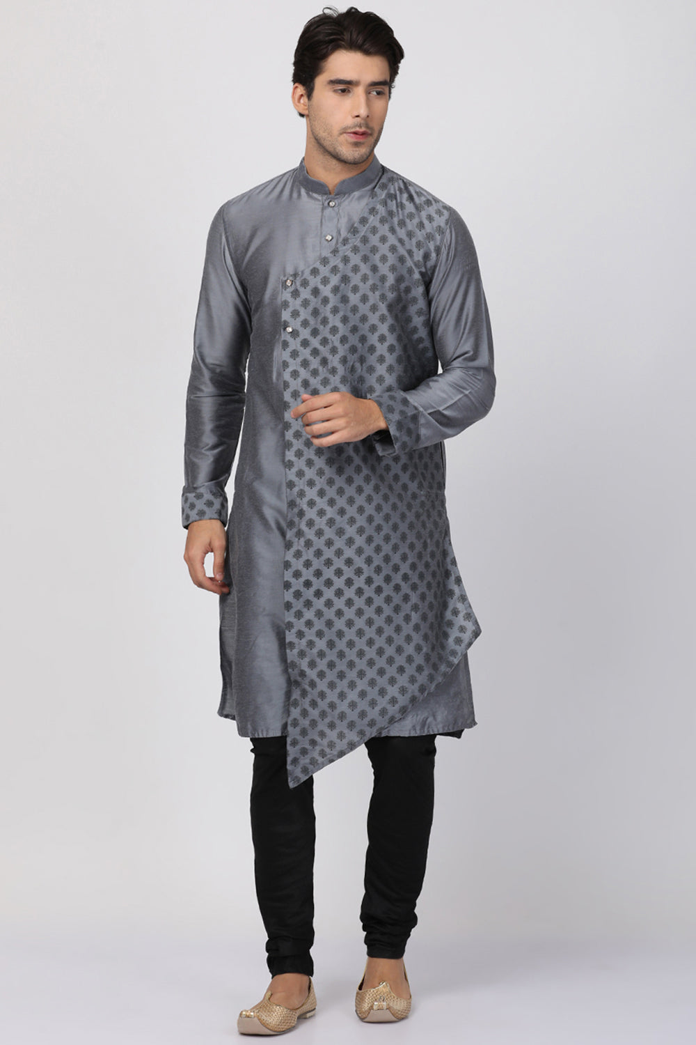 Men's Cotton Art Silk Kurta Set In Grey