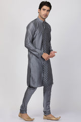 Men's Cotton Art Silk Kurta Set In Grey