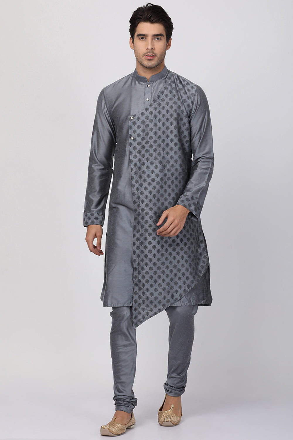 Men's Cotton Art Silk Kurta Set In Grey