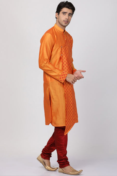 Men's Cotton Art Silk Kurta Set In Orange