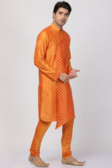 Men's Cotton Art Silk Kurta Set In Orange