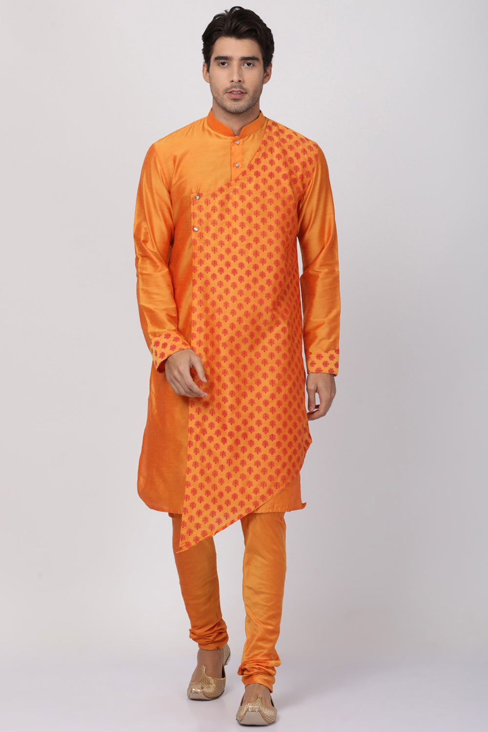 Men's Cotton Art Silk Kurta Set In Orange