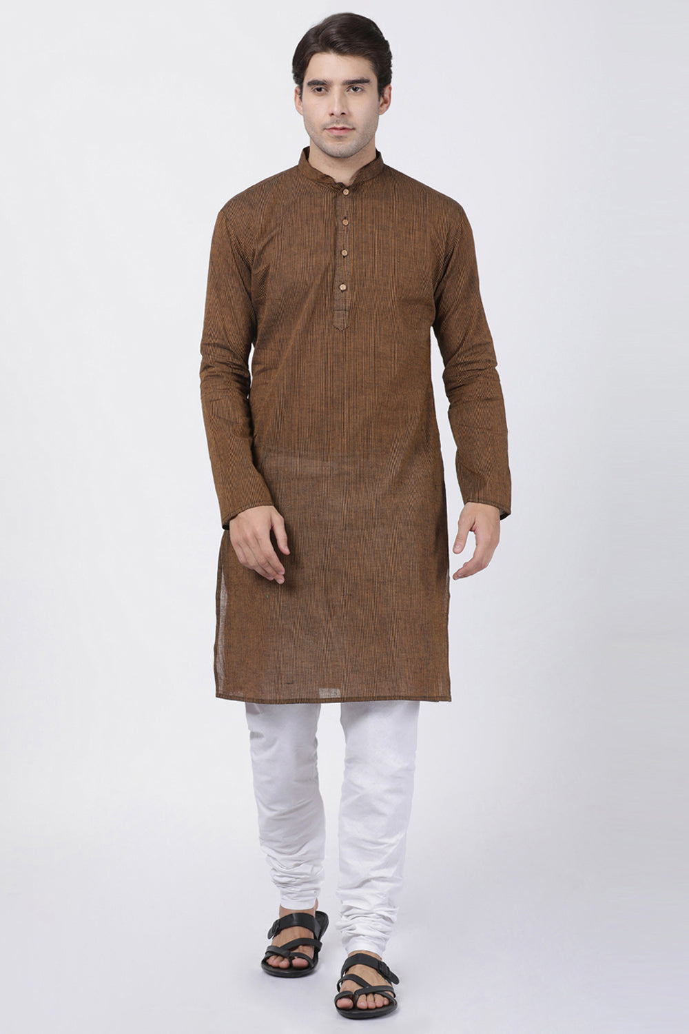 Men's Pure Cotton Kurta Pajama Set In Brown