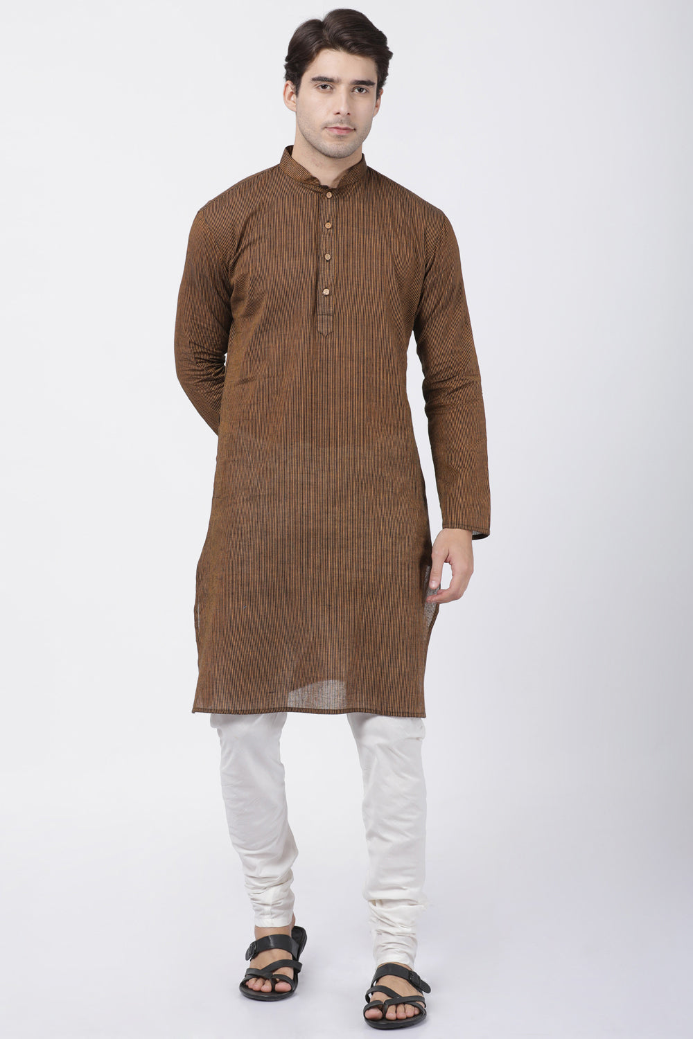 Men's Pure Cotton Kurta Pajama Set In Brown