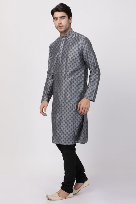 Men's Cotton Art Silk Kurta Set In Grey