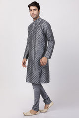 Men's Cotton Art Silk Kurta Set In Grey