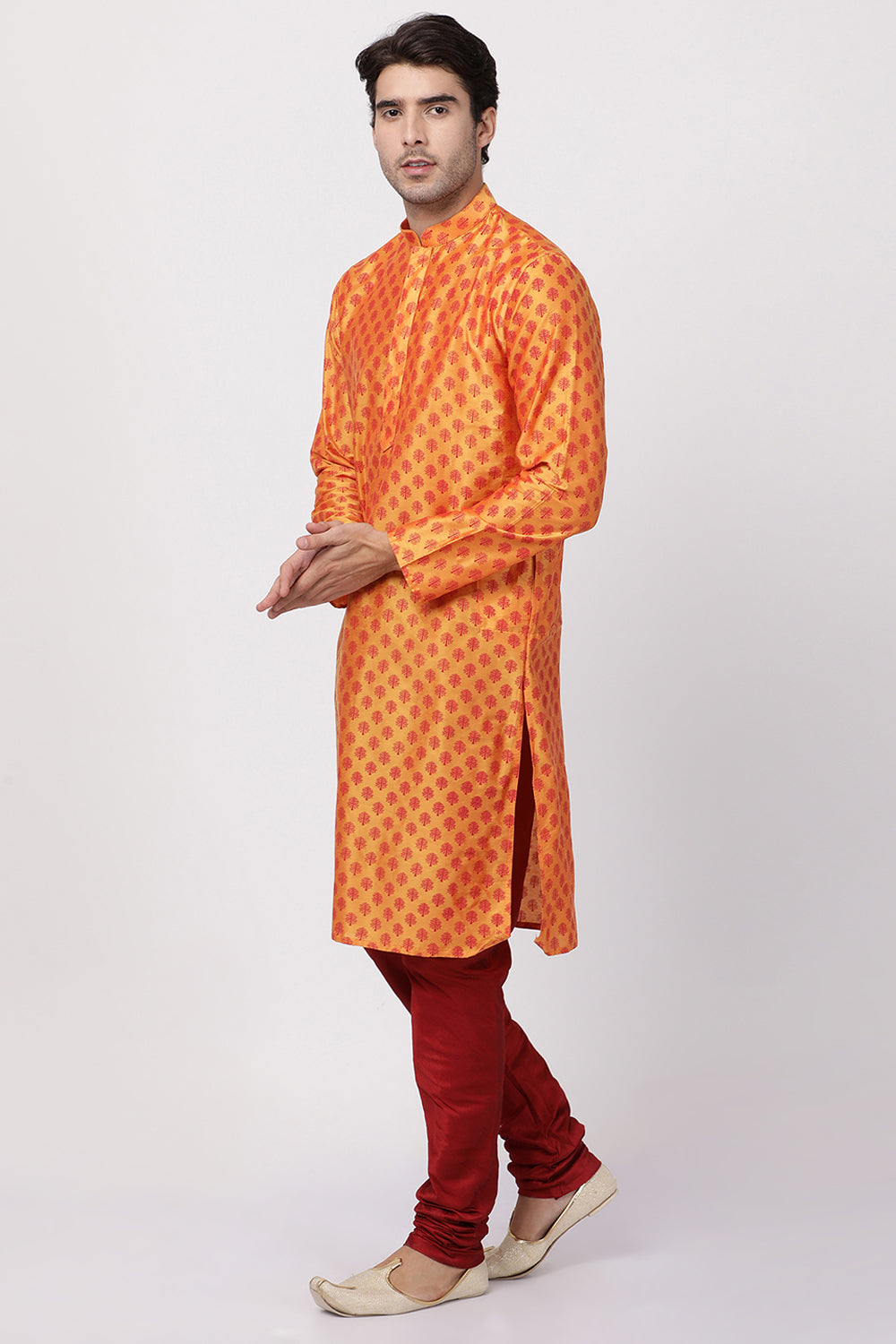 Men's Cotton Art Silk Kurta Set In Orange