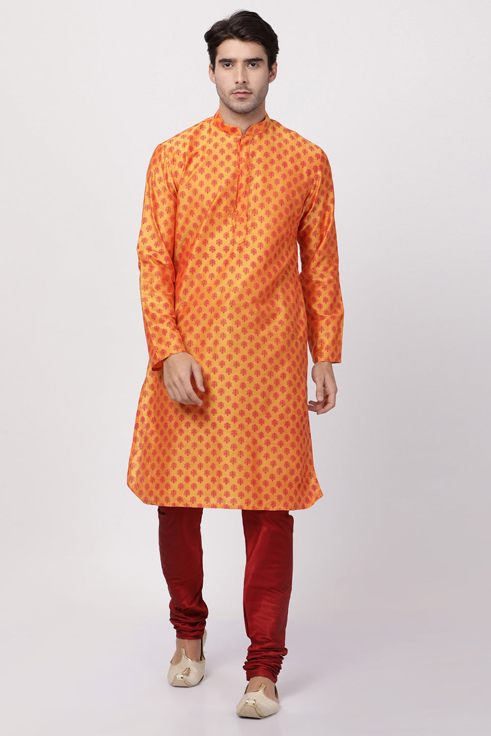 Men's Cotton Art Silk Kurta Set In Orange