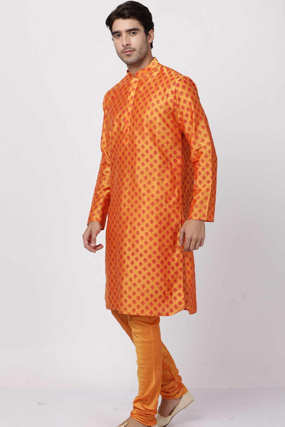 Men's Cotton Art Silk Kurta Set In Orange