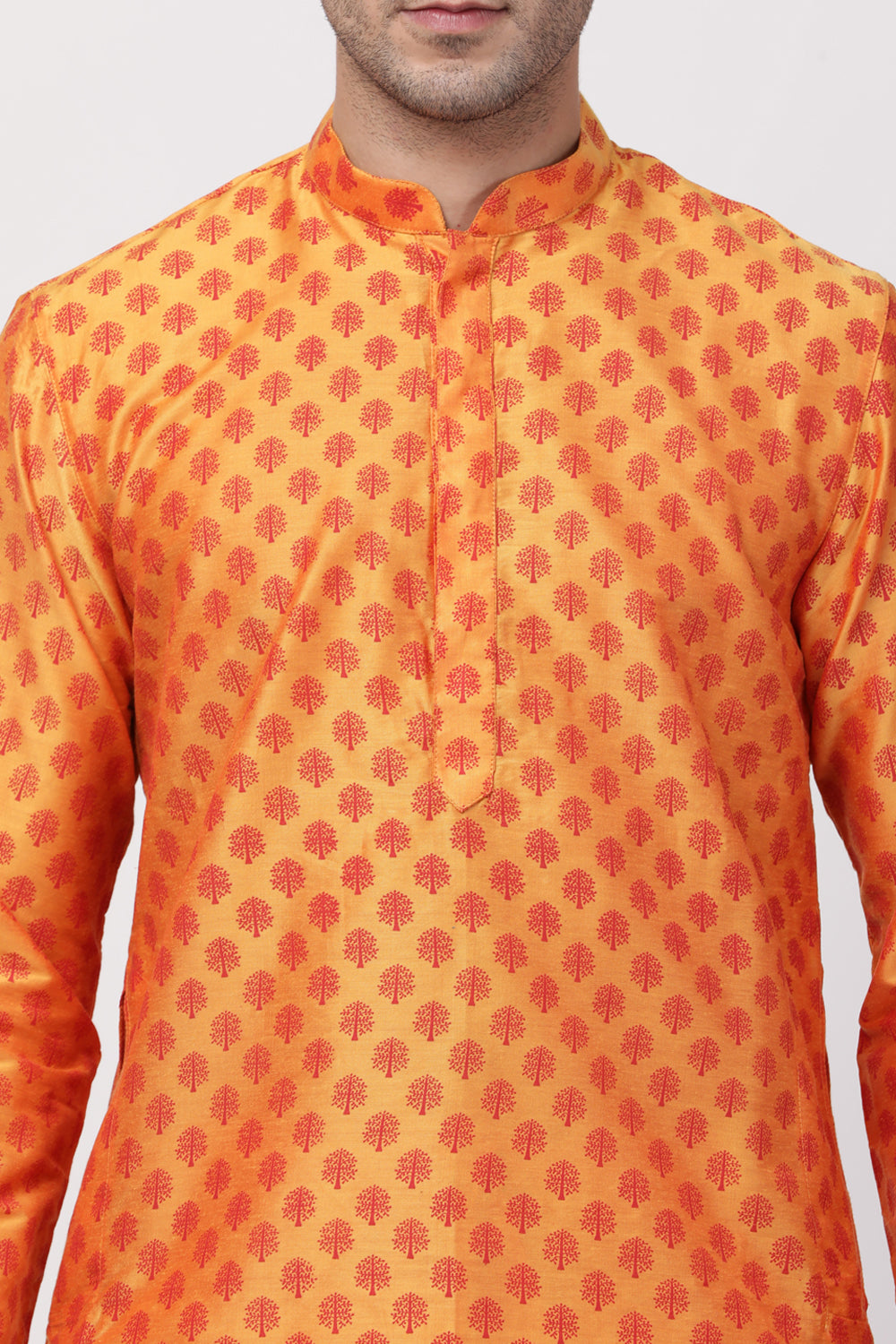 Men's Cotton Art Silk Kurta Set In Orange