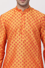 Men's Cotton Art Silk Kurta Set In Orange