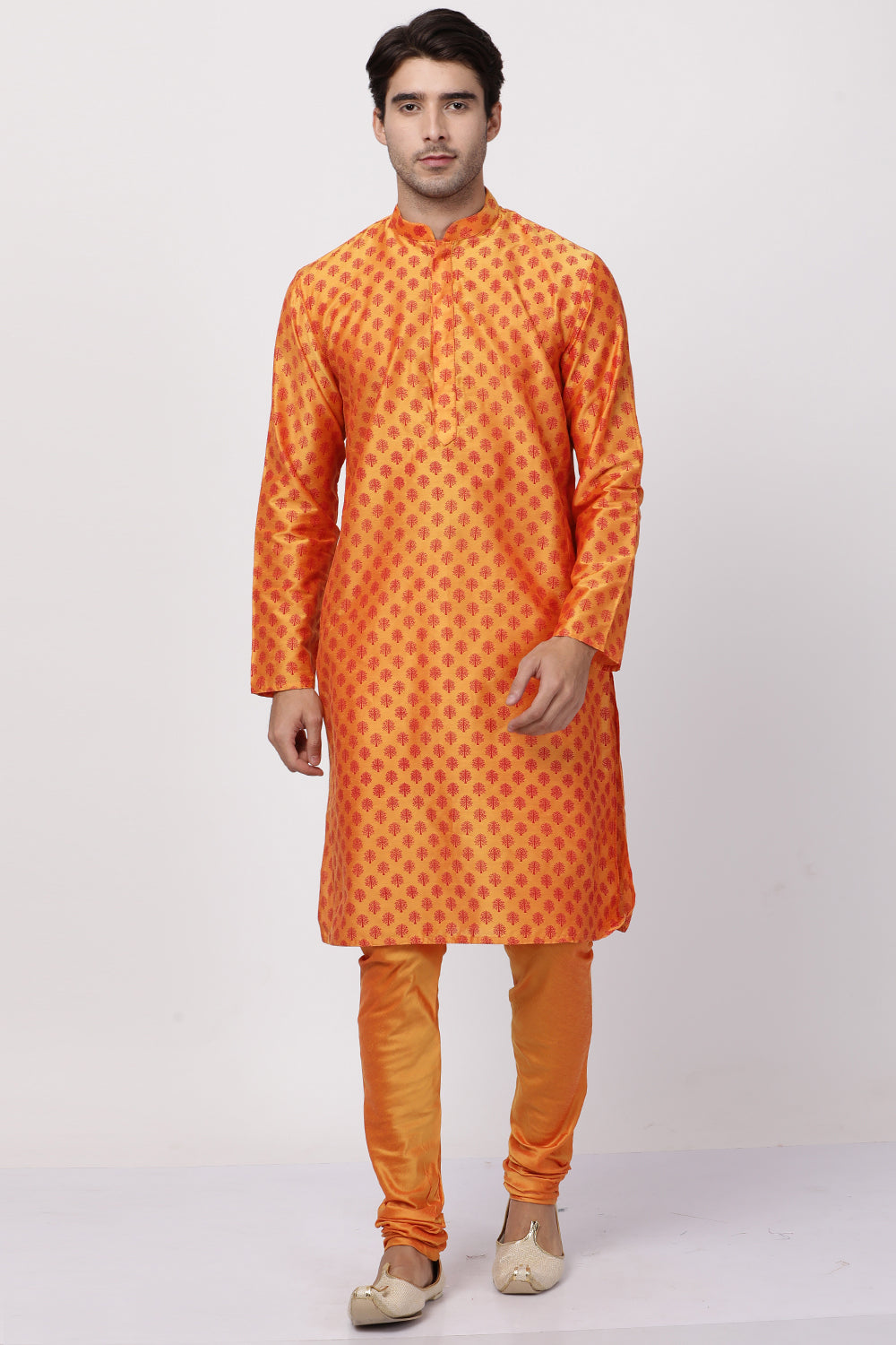 Men's Cotton Art Silk Kurta Set In Orange